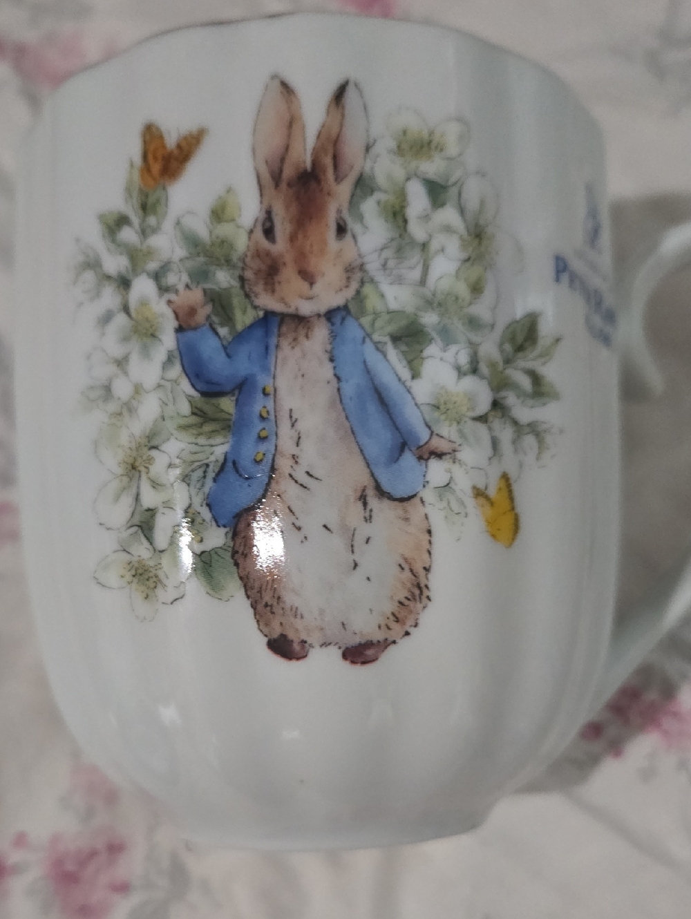 Peter Rabbit Floral Ceramic Mug with Blue Jacket Design